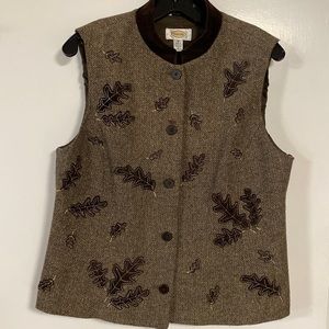 Talbots  M Brown Wool Herringbone Tweed Leaf Vest EUC